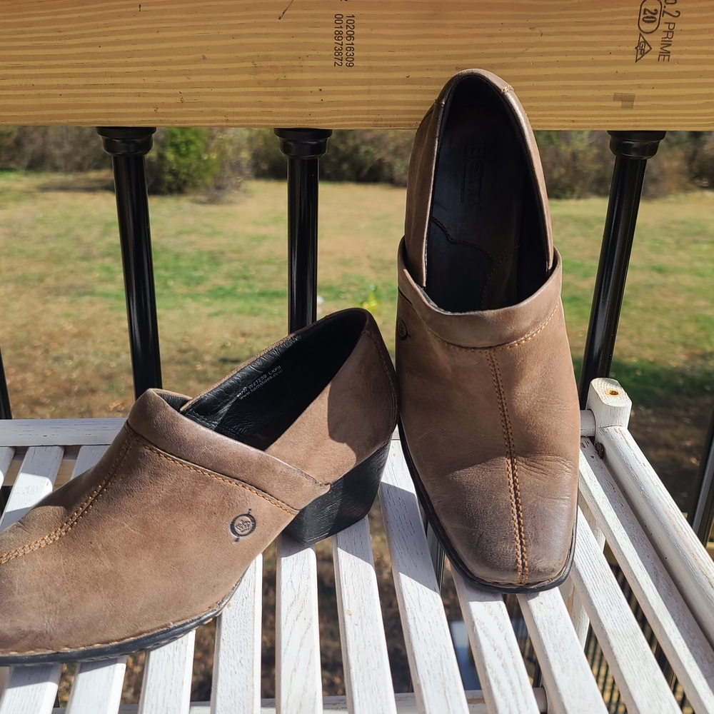 Born Brown Kinneys Leather Chunky Heel Shooties Clogs